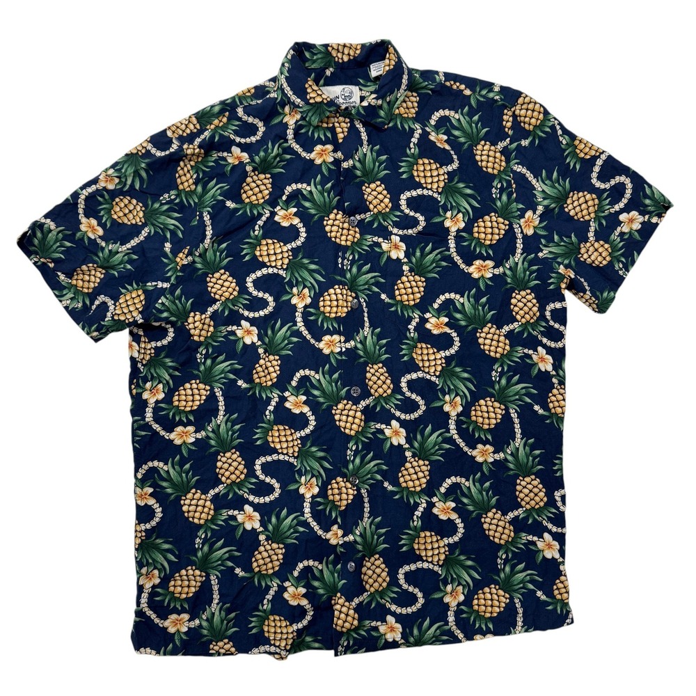 Reyn Spooner Navy Pineapple Floral Lei Vintage Rayon Hawaiian Shirt Mens Medium